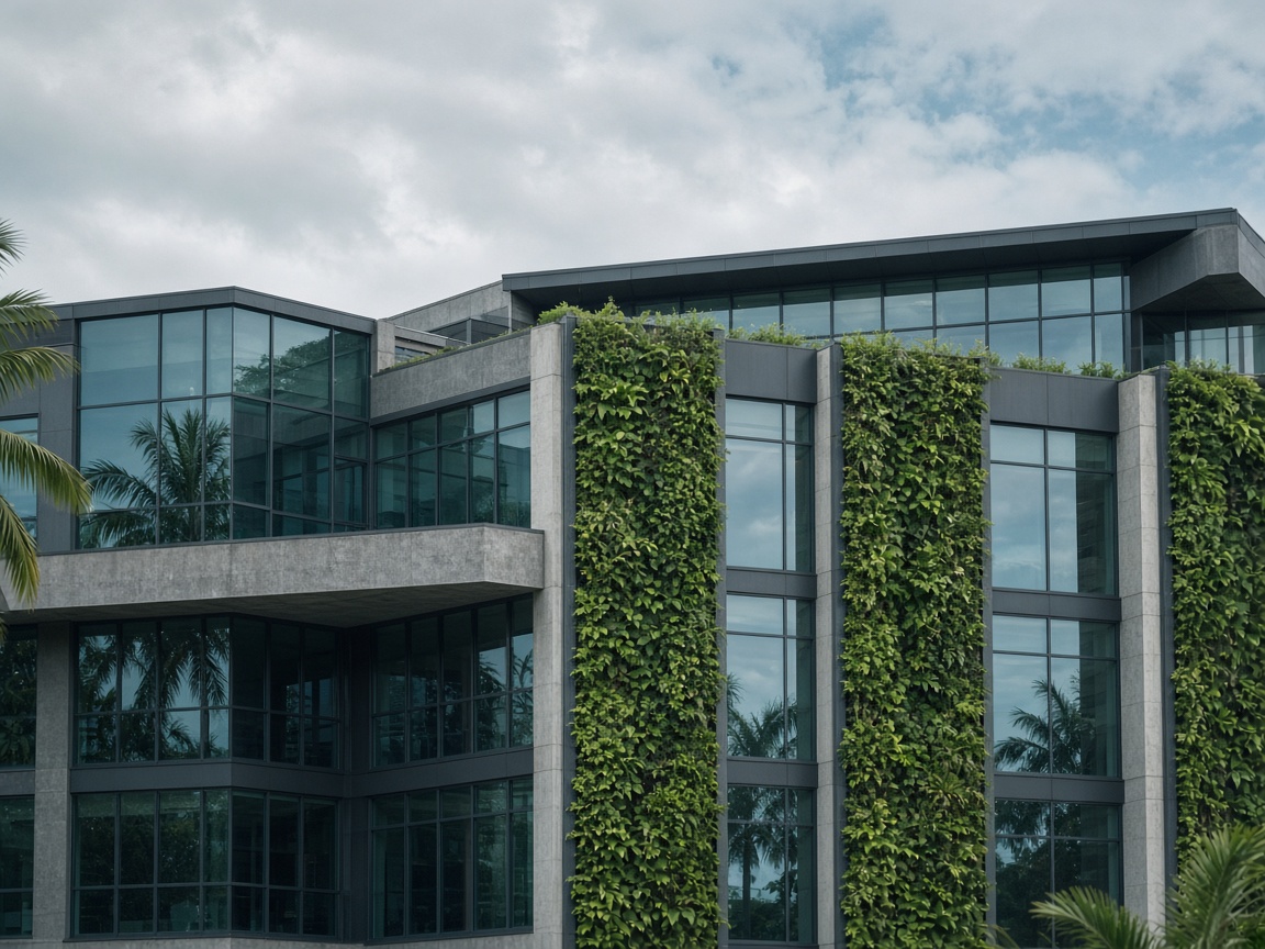 Espacio empresarial sostenible Fachada de oficina con muro verde vertical