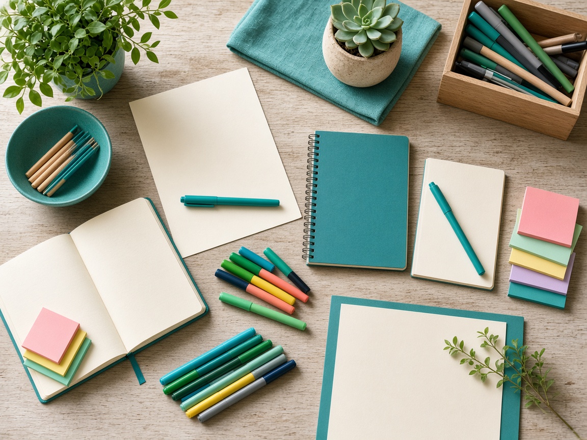 Redes y alianzas Mesa de taller colaborativo con cuadernos y materiales