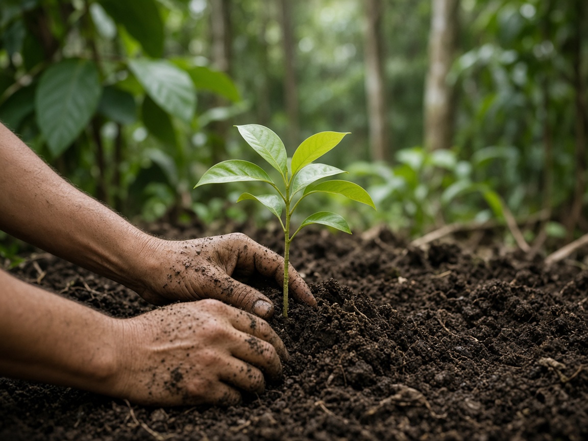 Acción ambiental comunitaria Plantación de un árbol joven como símbolo de acción ambiental