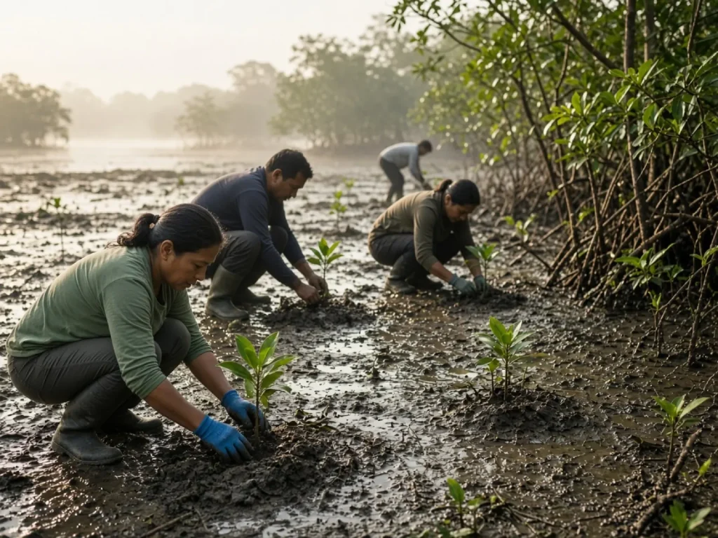 Voluntarios plantando plántulas cerca del manglar