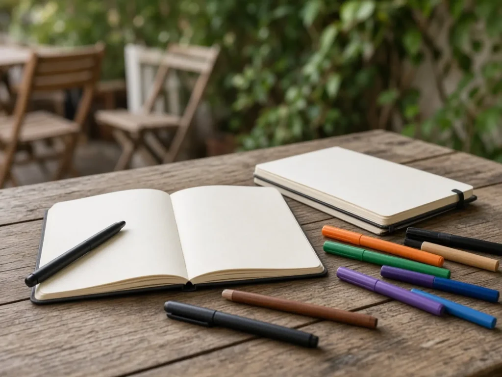 Cuadernos y materiales didácticos en mesa de taller