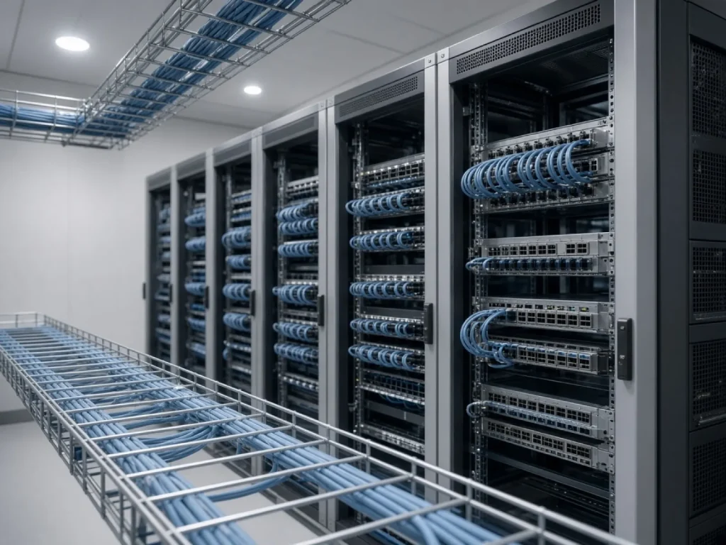 Cableado de fibra óptica en rack moderno