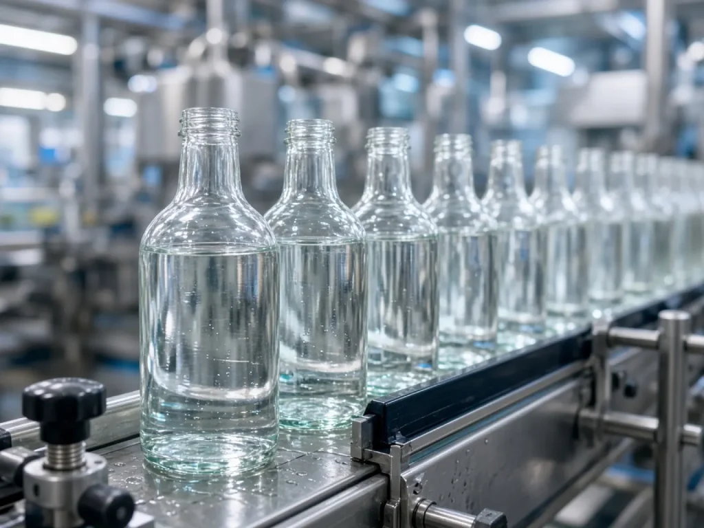Línea de botellas de vidrio vacías en cinta