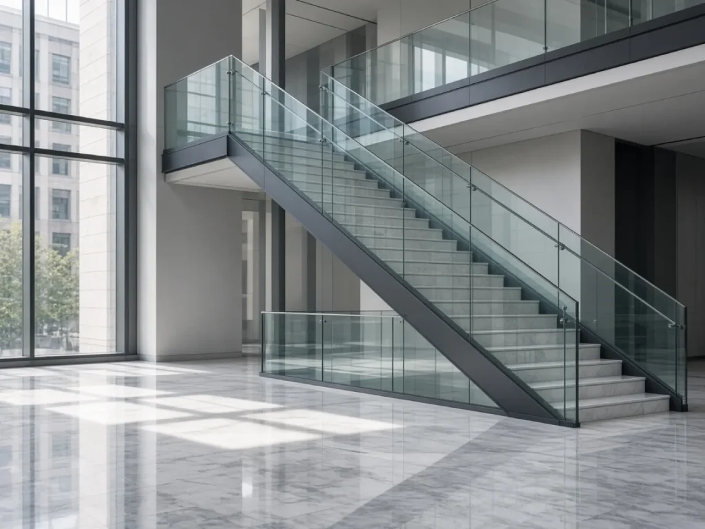 Escalera de cristal en vestíbulo corporativo