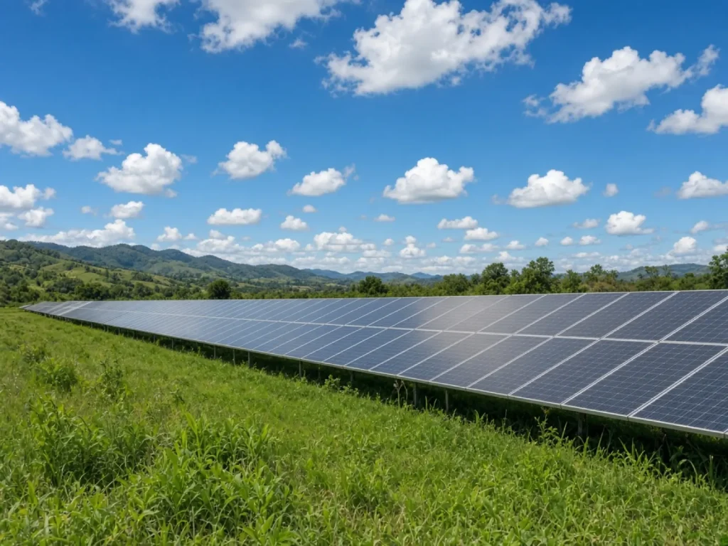 Fila de paneles solares en campo abierto