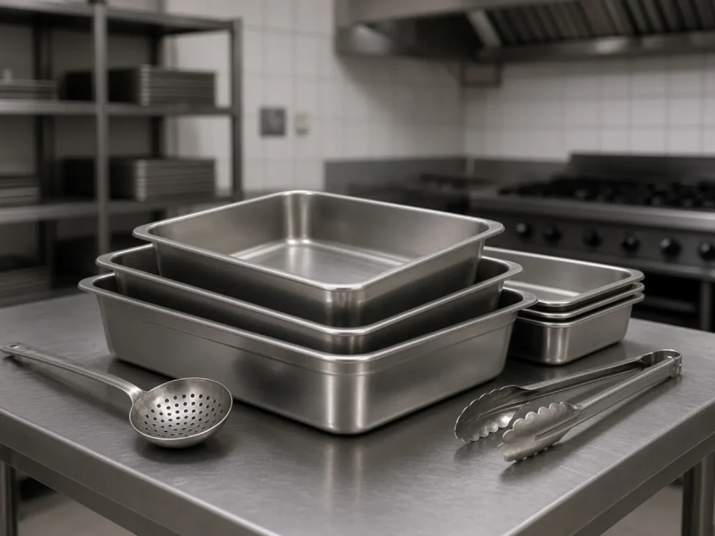 Bandejas de acero inoxidable en cocina industrial