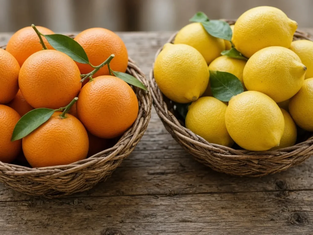 Naranjas y limones en canastos de madera