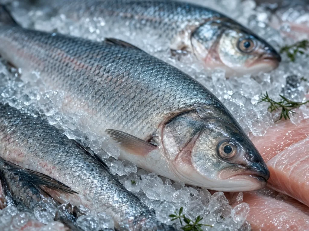 Hielo y pescado fresco en mostrador de mercado