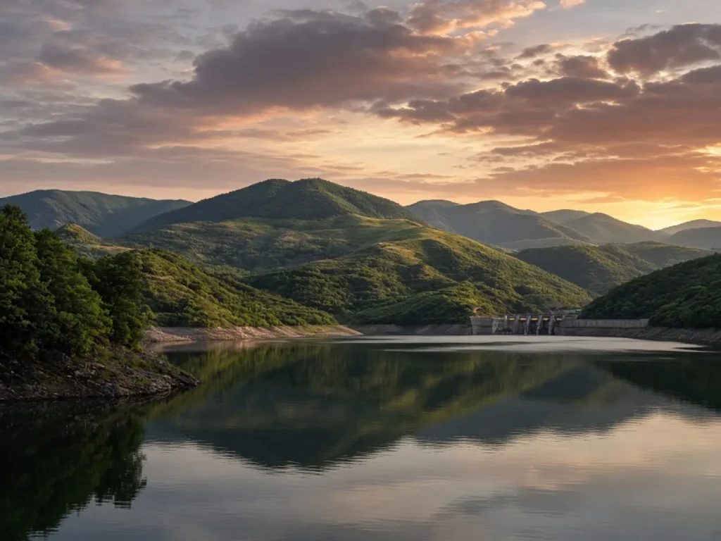 Embalse hidroeléctrico Embalse y colinas verdes al atardecer
