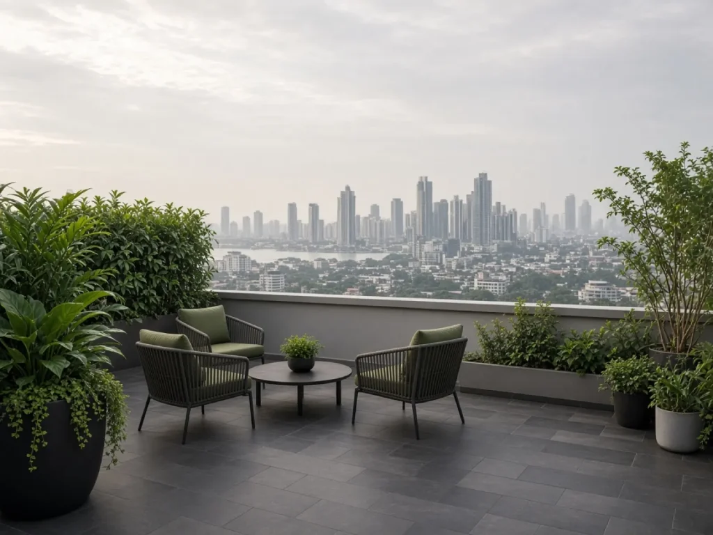 Terraza con plantas y vista urbana de Panamá