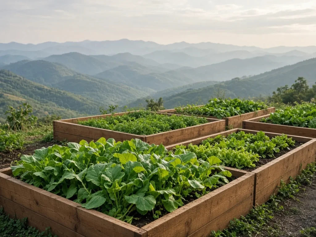 Agricultura comunitaria de altura Camas de cultivo y montañas al fondo